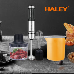 Blender de Mana Electric HALEY 4-in-1, 1200W, Otel Inoxidabil, 2 Viteze + Accesorii – Tocator, Tel, Pahar, Multifunctional pentru Bucatarie