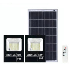 Set 2 proiectoare LED SMD 30W cu incarcare solara Kaveny, panou solar, cu telecomanda, suport prindere, material ABS, 1.2AH, 200LED-uri, 13x13.5 cm, negru