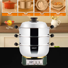 Vas Electric Multifunctional HALEY HY-501, 2100W, Inox Premium cu Abur pe Doua Nivele, Ideal pentru Gatit Sanatos Acasa sau la Hotel