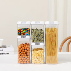 Cutii de Depozitare Alimente, Kadeny, set din 5 Cutii pentru Condimente, Volumetrie 0.5l, 0.8l, 1.2l, 1.9l, Transparente cu Capac Alb