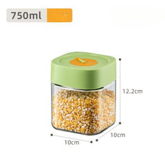 Borcan Alimentar din sticla cu Capac Vid, Kaveny, 750 ml, Inchidere Ermetica pentru Orice Tip de Produse, Design Patrat, 10 x 10 x 12.5 cm, Transparenta cu Capac Verde