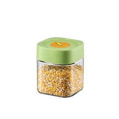 Borcan Alimentar din sticla cu Capac Vid, Kaveny, 750 ml, Inchidere Ermetica pentru Orice Tip de Produse, Design Patrat, 10 x 10 x 12.5 cm, Transparenta cu Capac Verde