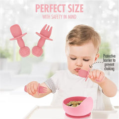 Set 10 piese hranire bebe, diversificare, silicon, baveta, farfurie, bol cu ventuza, lingurita si furculita, cana gustari, lingurita de lemn, si furculita de lemn, fara alergeni, ceasca dreapta, Roz.