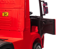 Camion electric cu remorca pentru copii oficial licentiat, KIDOO, 12V, 2 motoare 35W, telecomanda 2.4G, suspensie pe 4 roti, lumini, muzica, viteza 3-5 km/h, usi functionale