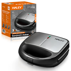Sandwich Maker 3 in 1 HALEY® HY-1031, Placi Antiaderente, Grill si Waffle, Design Compact, Negru