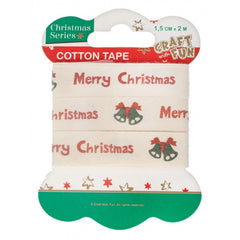 Banda decorativa - Merry Christmas, 1.5cm x 2m, bumbac, alb, Craft with Fun, Cotton Tape