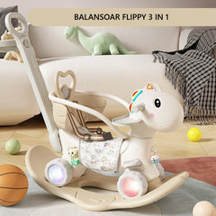 Balansoar pentru Copii, Kaveny, 3in1, cu Spatar si Bara de Siguranta, Maner cu Cos de Basket, Tava de Masa, Roti Luminoase, 80 x 43 x 83 cm, din Plastic, + 3 Ani, Bej
