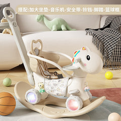 Balansoar pentru Copii, Kaveny, 3in1, cu Spatar si Bara de Siguranta, Maner cu Cos de Basket, Tava de Masa, Roti Luminoase, 80 x 43 x 83 cm, din Plastic, + 3 Ani, Bej