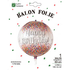 Balon din Folie Metalizata, Kaveny, Figurina Rotunda 4D, Model Happy Birthday, Tema Aniversare, 24 x 63 cm, Ambalaj Individual, Pai inclus, Umflare cu Aer sau Heliu, Maro
