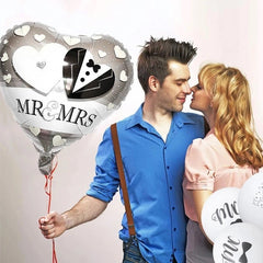 Balon din Folie Metalizata, Kaveny, Figurina Inima, Model Mr&Mrs, Tema Nunta, 45 cm, Ambalaj Individual, Pai Inclus, Umflare cu Aer sau Heliu, Gri