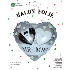 Balon din Folie Metalizata, Kaveny, Figurina Inima, Model Mr&Mrs, Tema Nunta, 45 cm, Ambalaj Individual, Pai Inclus, Umflare cu Aer sau Heliu, Gri