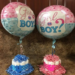 Balon din Folie Metalizata, Kaveny, Figurina Rotunda, Model Girl or Boy, Tema Gender Reveal, 45 cm, Ambalaj Individual, Pai Inclus, Umflare cu Aer sau Heliu, Albastru/Roz