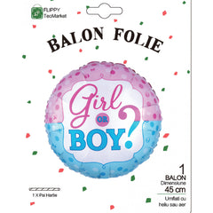 Balon din Folie Metalizata, Kaveny, Figurina Rotunda, Model Girl or Boy, Tema Gender Reveal, 45 cm, Ambalaj Individual, Pai Inclus, Umflare cu Aer sau Heliu, Albastru/Roz