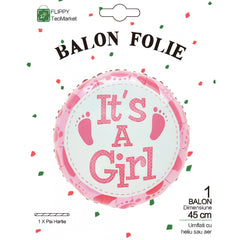 Balon din Folie Metalizata, Kaveny, Figurina Rotunda, Model It's a Girl, Tema Gender Reveal, 45 cm, Ambalaj Individual, Pai Inclus, Umflare cu Aer sau Heliu, Roz