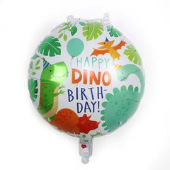 Balon din Folie Metalizata, Kaveny, Mini Figurina Rotunda, Model Happy Birthday cu Dinozauri, Tema Aniversare, 45 cm, Ambalaj Individual, Pai inclus, Umflare cu Aer sau Heliu, Multicolor