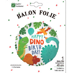Balon din Folie Metalizata, Kaveny, Mini Figurina Rotunda, Model Happy Birthday cu Dinozauri, Tema Aniversare, 45 cm, Ambalaj Individual, Pai inclus, Umflare cu Aer sau Heliu, Multicolor