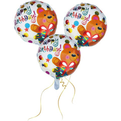 Balon din Folie Metalizata, Kaveny, Mini Figurina Rotunda, Model Happy Birthday Ursulet, Tema Aniversare, 45 cm, Ambalaj Individual, Pai inclus, Umflare cu Aer sau Heliu, Maro