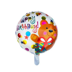 Balon din Folie Metalizata, Kaveny, Mini Figurina Rotunda, Model Happy Birthday Ursulet, Tema Aniversare, 45 cm, Ambalaj Individual, Pai inclus, Umflare cu Aer sau Heliu, Maro
