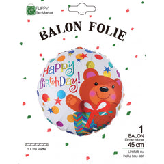 Balon din Folie Metalizata, Kaveny, Mini Figurina Rotunda, Model Happy Birthday Ursulet, Tema Aniversare, 45 cm, Ambalaj Individual, Pai inclus, Umflare cu Aer sau Heliu, Maro