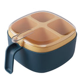 Recipient pentru condimente Kaveny, 4 casute, potrivit pentru sare, cimbru, piper, condimente, 4 lingurite din plastic, capac din plastic, maner, 14x14x8 cm, albastru