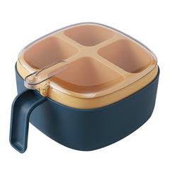Recipient pentru condimente Kaveny, 4 casute, potrivit pentru sare, cimbru, piper, condimente, 4 lingurite din plastic, capac din plastic, maner, 14x14x8 cm, albastru