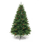 Brad artificial de Craciun Bogat, decorat cu conuri pin rosii, inaltime 240 cm, 1652 ramuri, Kadeny, verde, suport metalic inclus