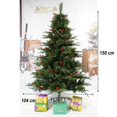 Brad artificial de Craciun, decorat cu conuri pin rosii, pentru interior/exterior, inaltime 150 cm, diametru 104 cm, 323 ramuri, Kadeny, verde, suport metalic inclus