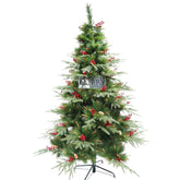 Brad artificial de Craciun, decorat cu conuri pin rosii, pentru interior/exterior, inaltime 210 cm, diametru 142 cm, 767 ramuri, Kadeny, verde, suport metalic inclus