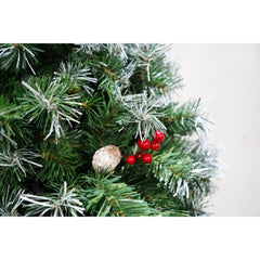 Brad artificial de Craciun nins, decorat cu conuri pin, pentru interior/exterior, inaltime 210 cm, diametru 147 cm, 1150 ramuri, Kadeny, verde, suport metalic inclus