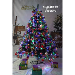 Brad artificial de Craciun nins, decorat cu conuri pin, pentru interior/exterior, inaltime 210 cm, diametru 147 cm, 1150 ramuri, Kadeny, verde, suport metalic inclus