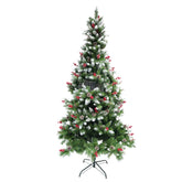 Brad artificial de Craciun nins, decorat cu conuri pin rosii, inaltime 150 cm, diametru 83 cm, 319 ramuri, Kadeny, verde, suport metalic inclus