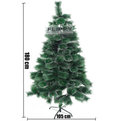 Brad artificial de Craciun tip pin inzapezit, inaltime 180 cm, diametru 105 cm, 260 ramuri cu ace 3D 12 cm, Kadeny, verde cu varfuri ninse, suport metalic inclus