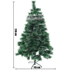 Brad artificial de Craciun tip pin inzapezit, inaltime 210 cm, diametru 115 cm, 350 ramuri cu ace 3D 12 cm, Kadeny, verde cu varfuri ninse, suport metalic inclus