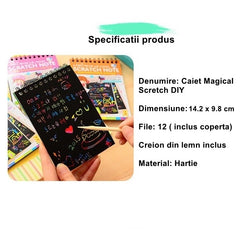 Caiet cu fise razuibile Kaveny, DIY Magic Scratch, 12 File, Curcubeu, Creion din Lemn, Cartonase negre, Verde Deschis, 14.2 x 9.8 cm
