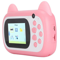 Camera Instantanee pentru Copii, Kaveny, Camera Frontala + Selfie, cu Functie de Printare, Cablu USB-C, Bluetooth, Compatibil iOS/Android, Imprimare APP, Model Pisica Smiley Face, Roz