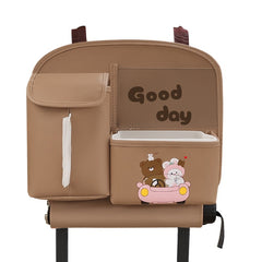 Geanta Multifunctionala de Depozitare, Kadeny, pentru Bancheta din Spate a Masinii, Animat, Model Ursuleti, Scris Good Day, Suport Servetele si Telefon, 25x31 cm, Maro