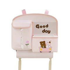 Geanta Multifunctionala de Depozitare, Kadeny, pentru Bancheta din Spate a Masinii, Animat, Model Ursuleti, Scris Good Day, Suport Servetele si Telefon, 25x31 cm, Roz