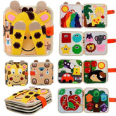 Carte Senzoriala Educativa Montessori 7in1, Kaveny, Dezvoltare Abilitati Motorii, 8 Pagini, 3D, cu Elemente Detasabile, Model Girafa, 21x21x8 cm, Maro