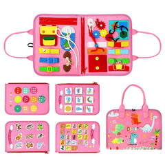 Carte Senzoriala Educativa Montessori 7in1, Kaveny, 26 de Activitati, Dezvoltare Abilitati Motorii, 4 Pagini, Model Dinozauri, 28x22x7 cm, Roz