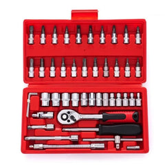 Chei tubulare Set 46 de Piese, Kadeny, Trusa Scule de Reparatii Auto, Prelungitoare Rigid si Flexibil, Articulatie Cardanica, Antrenor de Forta Glisant, Adaptoare, Maner pentru Surubelnita, 23 x 12 x 4 cm, 1.9 kg, Cutie Rosie