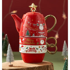 Set de Ceai, Kadeny, Tema Craciun, Ceainic 450 ml, 2 Cani 250 ml, Model Mos Craciun, Rosu
