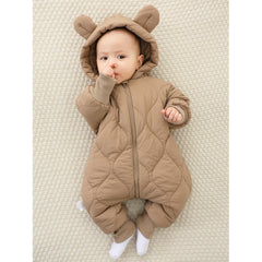 Combinezon de Iarna, Kaveny, pentru Bebelusi, din Bumbac, cu Urechi, Mansete Elastice, Unisex, 73 cm, Maro