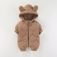 Combinezon de Iarna, Kaveny, pentru Bebelusi, din Bumbac, cu Urechi, Mansete Elastice, Unisex, 73 cm, Maro