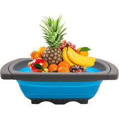 Cos de Scurgere Retractabil pentru Chiuveta, Kadeny, cu Filtru, pentru Fructe si Legume, de Uz Casnic, 39x12 cm, Design Extensibil pana la 61 cm, cu Manere de Prindere, Albastru