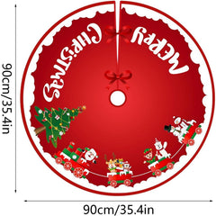 Covoras pentru Bradul de Craciun, Kaveny, din Tesatura Pufoasa, cu Fundite de Prindere, Model Sania lui Mos Craciun, Rosu, Diametru 90 cm