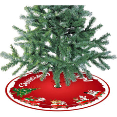Covoras pentru Bradul de Craciun, Kaveny, din Tesatura Pufoasa, cu Fundite de Prindere, Model Sania lui Mos Craciun, Rosu, Diametru 90 cm