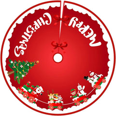 Covoras pentru Bradul de Craciun, Kaveny, din Tesatura Pufoasa, cu Fundite de Prindere, Model Sania lui Mos Craciun, Rosu, Diametru 90 cm