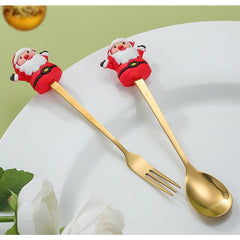 Set 4 Tacamuri, Kadeny, Tema Craciun, 2 Linguri + 2 Furculite, cu Figurine, din Otel Inoxidabil, Cutie Cadou, 19 x 15 x 2.2 cm, Auriu