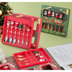 Set 6 Tacamuri, Kadeny, Tema Craciun, 3 Linguri + 3 Furculite, cu Figurine, din Otel Inoxidabil, Cutie Cadou, 19 x 22 x 2.2 cm, Argintiu