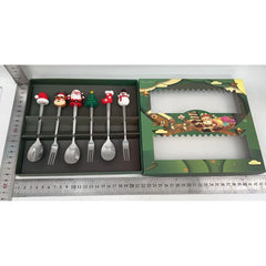 Set 6 Tacamuri, Kadeny, Tema Craciun, 3 Linguri + 3 Furculite, cu Figurine, din Otel Inoxidabil, Cutie Cadou, 19 x 22 x 2.2 cm, Argintiu